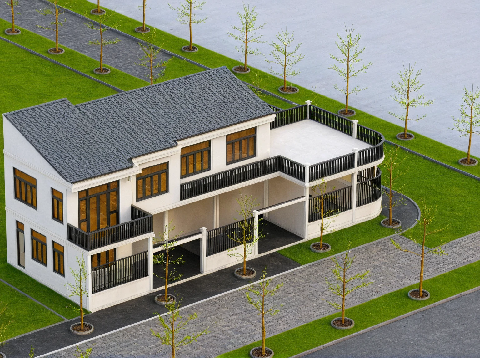 Raw photo,Masterpiece, high quality, best quality, authentic, super detail,
exterior, outdoors, house style indochine on the street ,aiaigroup
road,pavement, grass, trees, sky, cloud, (day:1.1)