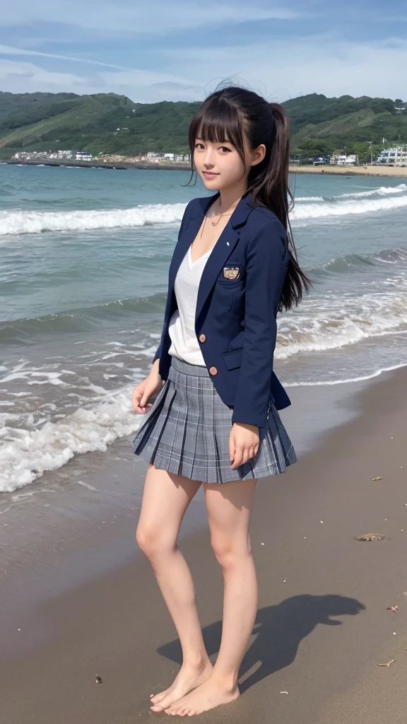 Japanese 18 year old high school girl、Navy blue blazer uniform、Grey checked mini skirt、Barefoot standing on the beach