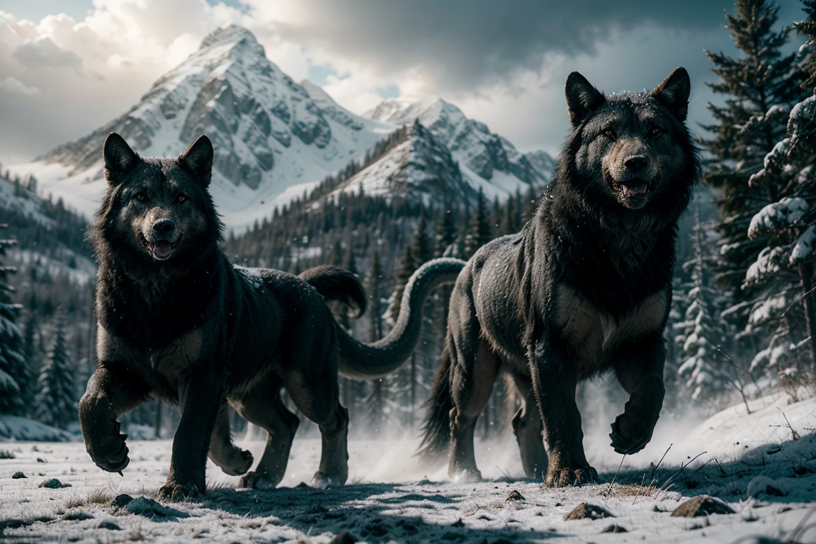 (Highest quality, Ultra HD, 16k, Masterpiece) A breathtaking scene capturing two enormous fantasy beasts locked in a fierce battle in a vast, secluded valley. The setting is a medium to long shot, showcasing the intense clash of the creatures and the majestic, snowy green mountains that encircle the valley.
The first beast is a massive, dragon-like creature with shimmering, emerald scales that catch the light. Its wings are vast and powerful, tipped with sharp, gleaming talons. The dragon's eyes burn with an intense, fiery glow, and its mouth is open in a fearsome roar, revealing rows of razor-sharp teeth. Its tail, lined with deadly spikes, thrashes wildly as it engages its opponent.
The second beast is a towering, wolf-like creature, covered in thick, silver fur that glistens against the snowy backdrop. Its muscles ripple beneath its fur, and its eyes are a piercing icy blue. The beast stands on powerful hind legs, with its forelegs raised, ready to strike with enormous, clawed paws. Its snarl exposes massive fangs, adding to its menacing appearance.
The valley floor is covered in a mix of lush, green grass and patches of pristine snow, creating a stark contrast against the dark, rocky terrain. Scattered around are ancient, weathered stones and remnants of a long-forgotten civilization, hinting at the valley's mysterious past.
The surrounding mountains are majestic, their peaks dusted with fresh snow and their slopes covered in dense, emerald forests. The mountains rise high into the sky, their grandeur emphasized by the clear, crisp air. The sky is a brilliant blue, with the sun casting long shadows across the landscape, adding depth and drama to the scene.
The lighting is dynamic, with beams of sunlight piercing through the clouds, illuminating the beasts and the valley in a golden glow. The interplay of light and shadow highlights the textures of the creatures' scales and fur, as well as the rugged landscape around them.