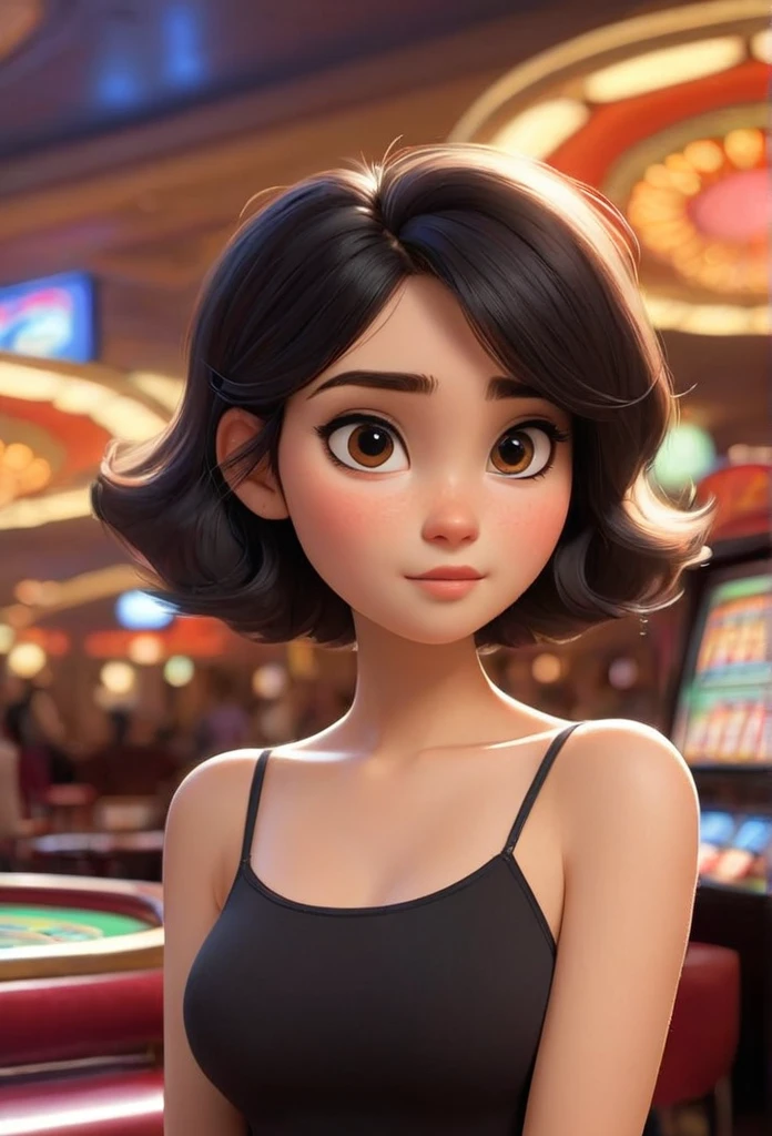 (disney pixar style:1.2) (Cute adorable girl:1.15) (20 year old adult:1.15)  Bblack hair ,short hair to the shoulders ,huge breasts  , neckleace, Promoter, in a casino , (perfect hands:1.1)  (distant extreme shot, whole body, diminished:1.1) Skinny topless nude with brown eyes, preppy style