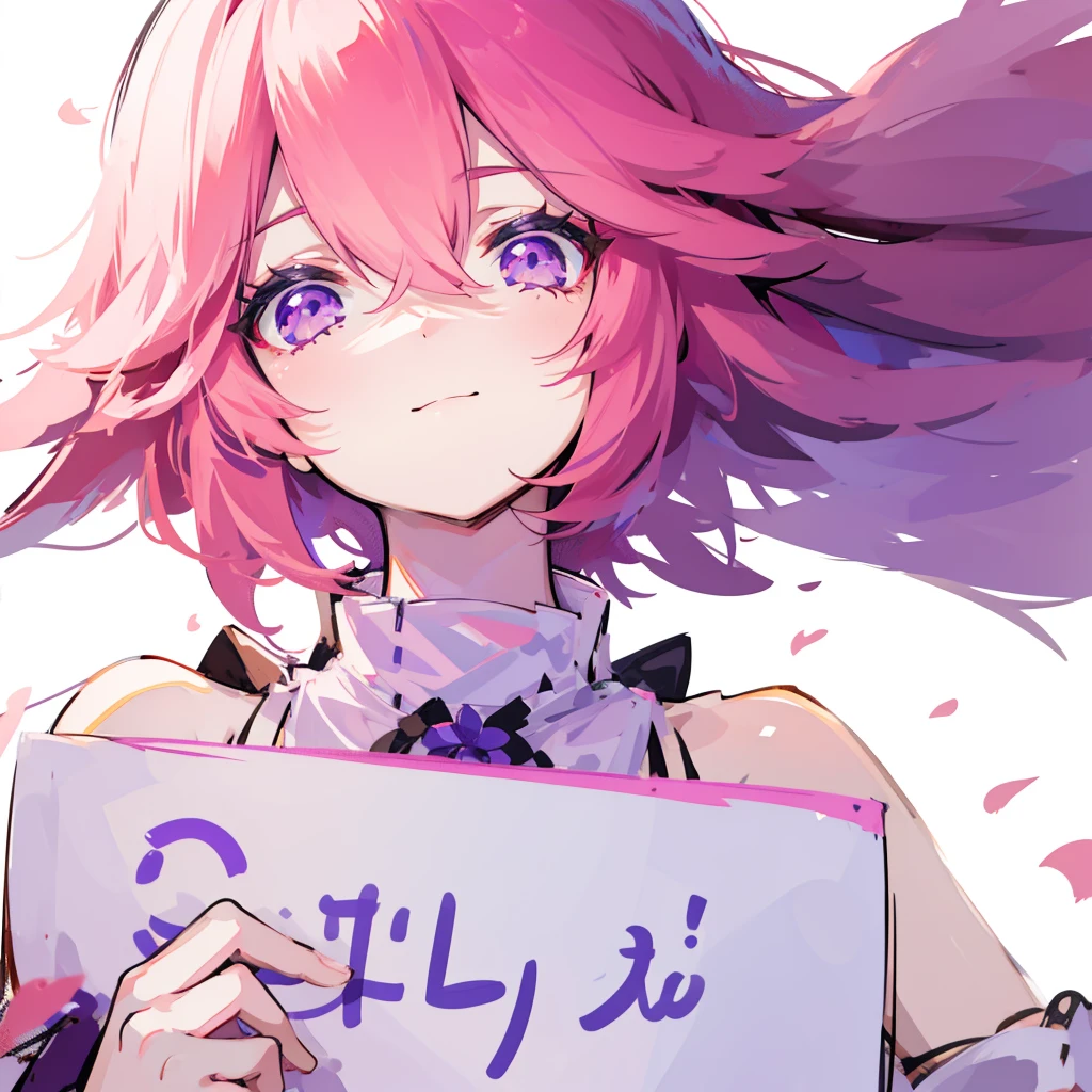 (best quality,high resolution),Yae Yoshiko,Pink short hair,Deep purple eyes,Holding a white blank sign,Lovely