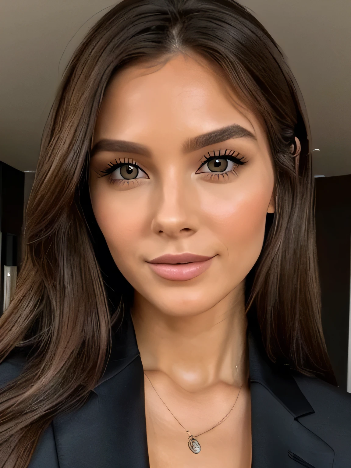 Create an image of a 25-year-old woman, hetero, with 1,75m tall and a highly defined body, at a business event. She is wearing an elegant dark-colored feminine suit, consisting of a fitted blazer and tailored trousers, that highlight your slender figure and toned muscles. Her light brown hair is tied up in a sophisticated bun., with a few loose strands framing your face. She&#39;s smiling professionally, with an expression of confidence and charisma. Your brown eyes are expressive and attentive, reflecting your intelligence and communication skills. Ao fundo, one can see a modern office environment, com mesas, chairs and co-workers talking. His posture is upright and elegant, with one hand holding a folder and the other resting at the side of the body. The image conveys a sense of professionalism, competence and charm, with woman standing out in a corporate environment.

Her face is a harmonious expression of beauty and strength. With oval shape, your cheekbones are pronounced, accentuating a sleek, symmetrical bone structure. Your eyes are big, a deep and expressive brown, reflecting your energetic and empathetic personality, MBTI ENFJ characteristics. The eyebrows are well shaped, providing an expression that is always attentive and engaging. The nose is small and straight, adding a touch of delicacy to your appearance. The mouth is full, with plump, naturally pink lips, that curve into a confident and welcoming smile. The jaw is defined, stark, but softened by a feminine lightness. Their ears are proportional and well contoured, framed by long hair, smooth and light brown, that complements your elegant and sophisticated style. Every detail of your face reveals the perfect combination of charm, Intelligence and determination.