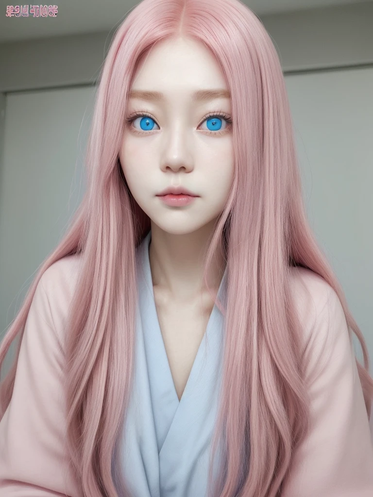 Korean face with long pink hair blue eyes