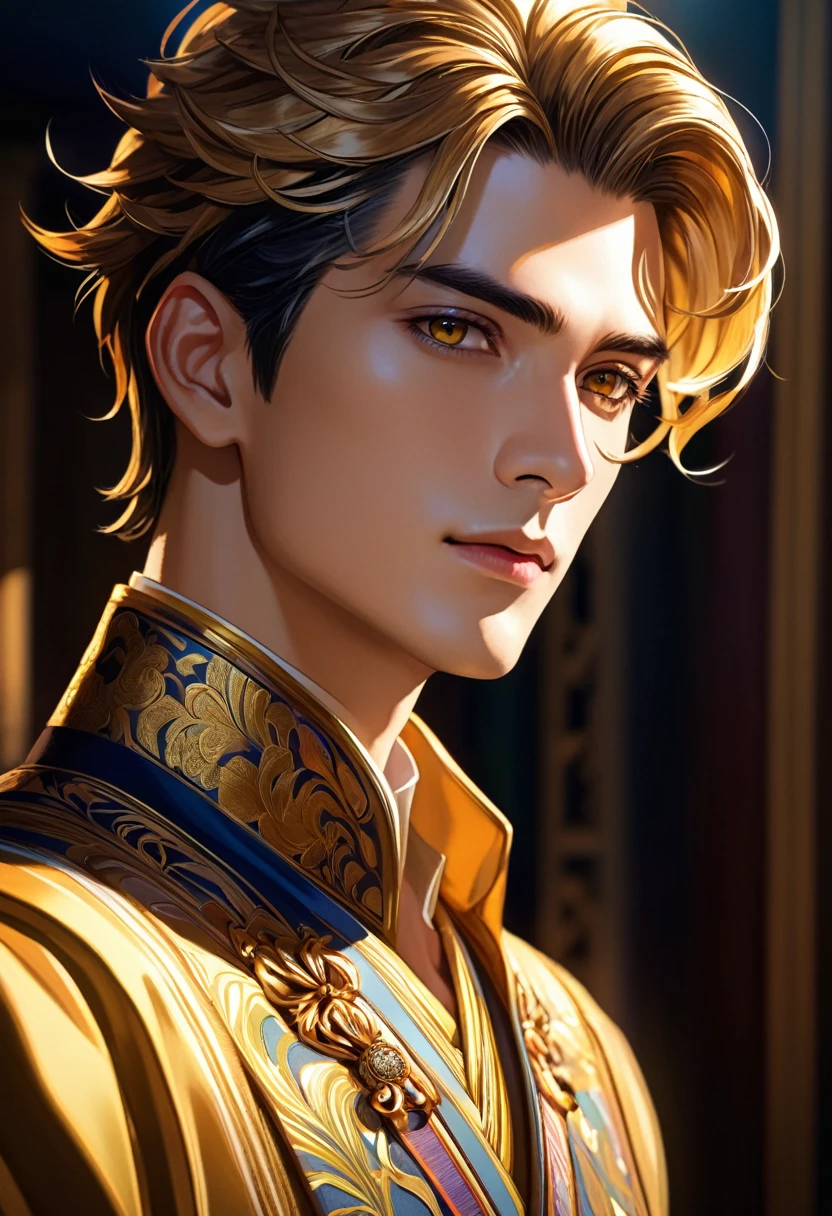 a handsome anime man, dramatic shadows, golden eyes, detailed portrait, intricate hairstyle, elegant dress, cinematic lighting, highly detailed, concept art, vibrant colors, digital painting, masterpiece, photorealistic, 8k, best quality