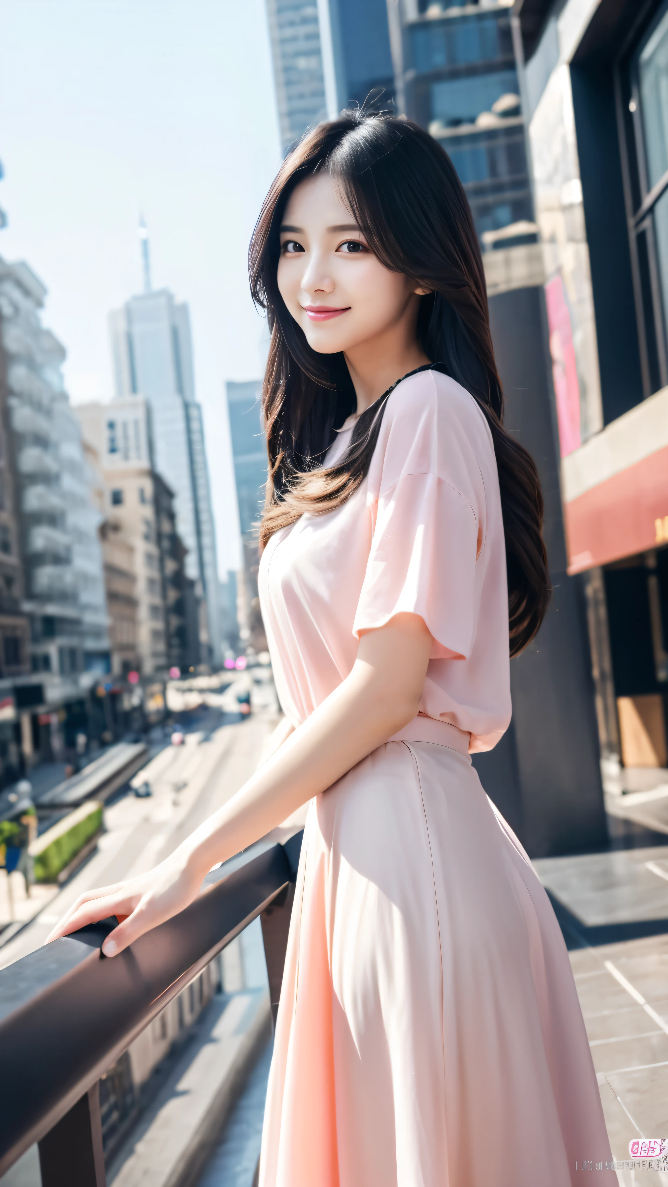 A beautiful, 18-year-old girl, realistic, ultra-detailed, 8K resolution, ray-traced, CG Unity wallpaper, masterpiece, 5'1" height, long straight silky jet black hair with blunt bags, city background, cute pastel colored blouse and long skirt, Sheng-hai, beautiful smile, ultra realistic, ultra HD, full body, model, beautiful, cute, cute jewelry, minimalist and beauty enhancing makeup, delicate features, housewife,