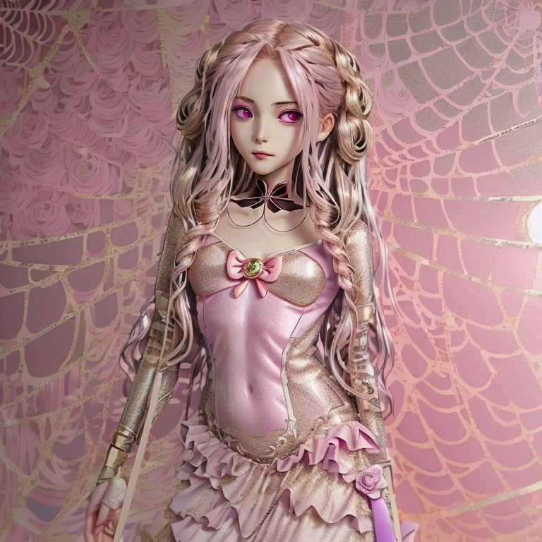 Anime-style girl with (((deep magenta eyes and long, wavy pink hair))) ((styled in an elegant French braid)). (((She is slender, and , with small breasts))). wearing a (((pink, gold, and rose gold color magical girl-themed outfit.))) ((The outfit features a spider and spider web theme.)) The overall look is regal and ethereal, with magical glowing effects. cutesexy, , a hyperrealistic , hyperrealistic , realistic , seductive (anime girl), smooth anime cg art, beautiful alluring anime teen, ((magical girl)), (masterpiece), best quality, expressive eyes, perfect face ((Highest quality))、((8K))、(((8k wallpaper))) ultra detailed, masterpiece, best quality, solo