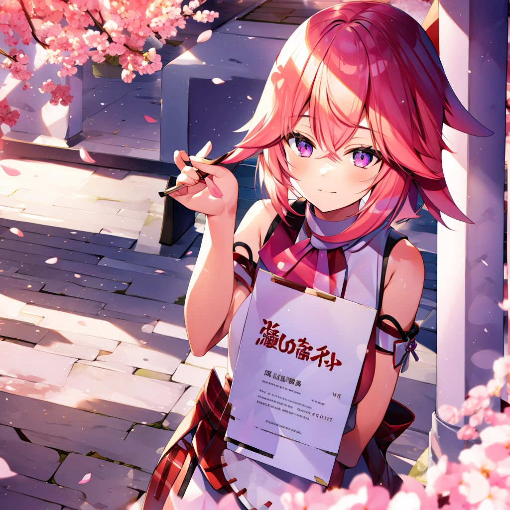 (best quality,high resolution),Yae Yoshiko,Pink short hair,Deep purple eyes,Holding a white blank sign,Lovely