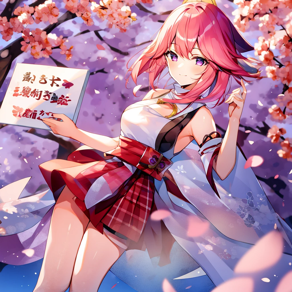 (best quality,high resolution),Yae Yoshiko,Pink short hair,Deep purple eyes,Holding a white blank sign,Lovely