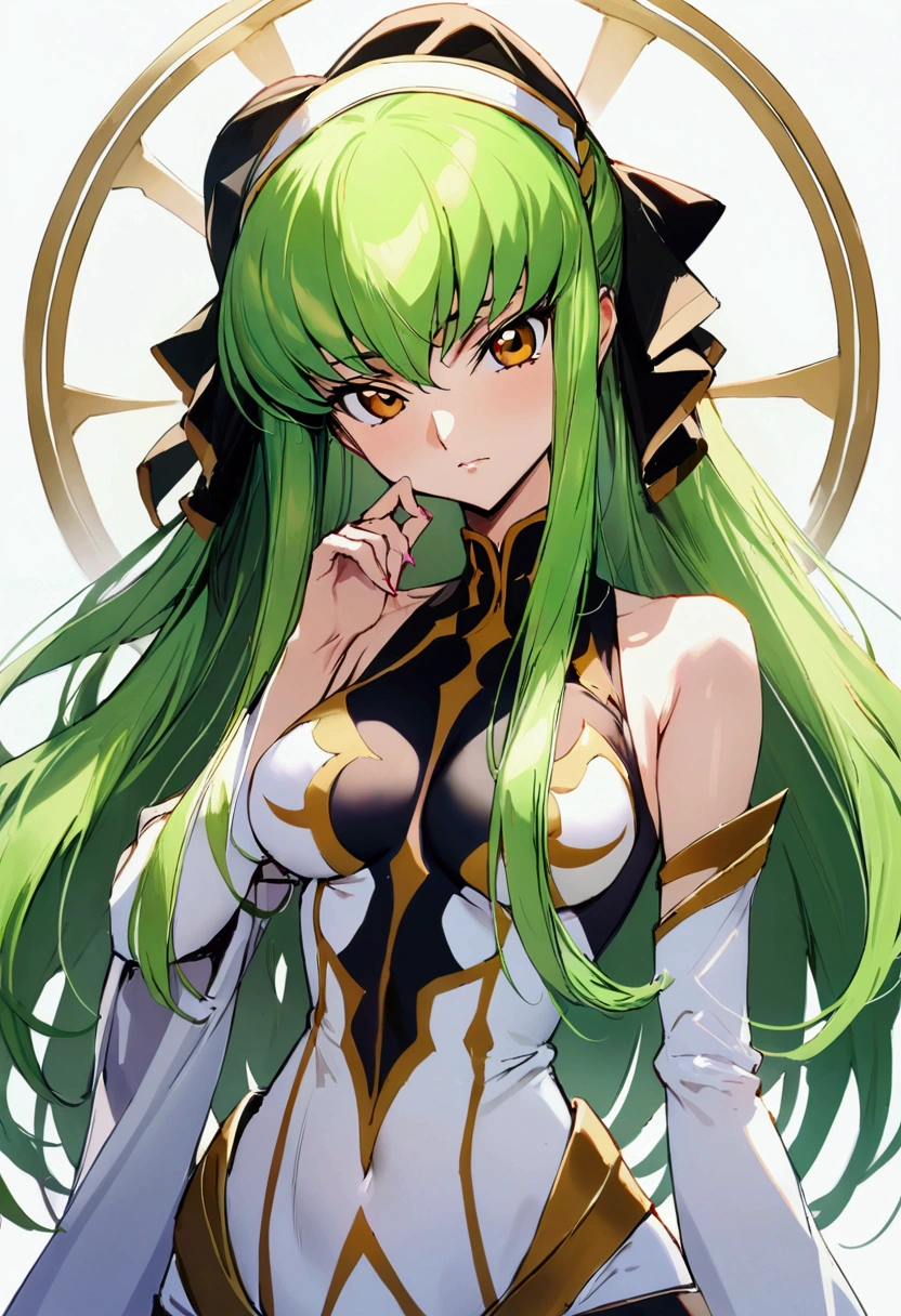 C.C、Code Geass、Green Hair、Long Hair、((Thigh-high socks))、Photo from below、Medium chest、full moon、((Black Knights Clothing))、howing panties