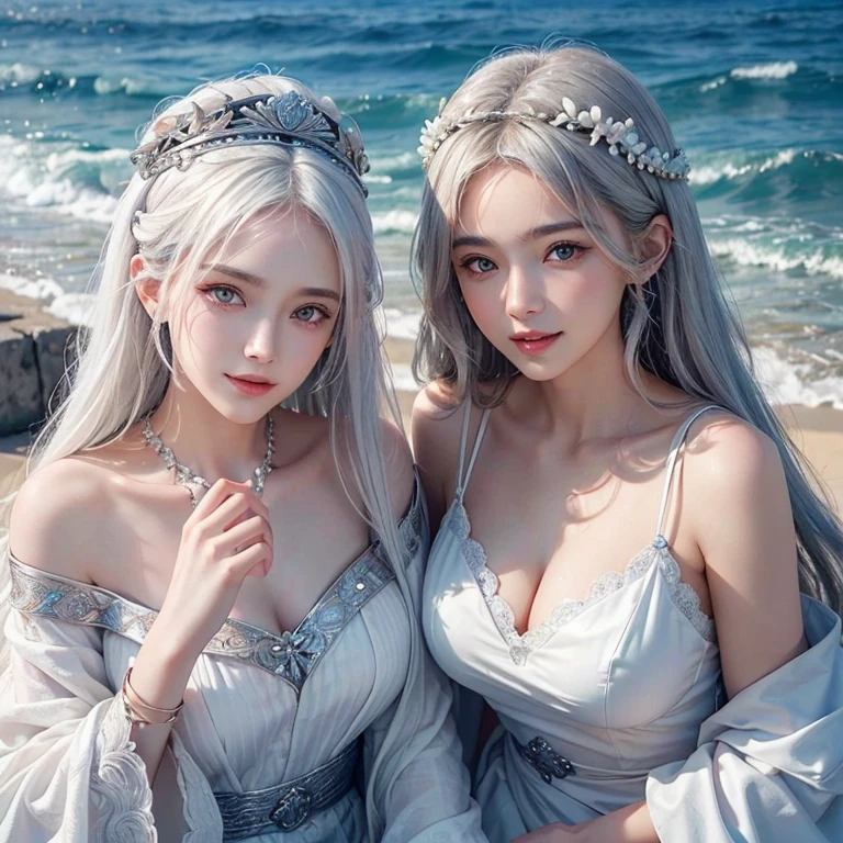 Aegean Sea, Windy weather, White Wolf、 ((Highest quality、masterpiece、8k、Best image quality、Ultra-high resolution、Award-winning works)、(Accurate anatomy:1.1)、(Look at me and smile:1.1)、Shining fair skin with Ultra-high resolution、The most detailed face、Ultra-high resolution detailed face、short, Flowing white hair 、Beautiful face drawn in every detail、Ancient Greek Clothing, Modest chest , A real wolf next to a girl