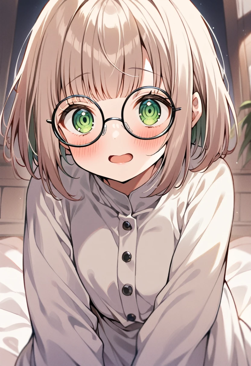 1 girl、Big eyes、Green Eyes、Round Glasses、Light chestnut hair、Two-part bangs、Bobcut、Highest quality、White long sleeve dress、Cream outerwear、Masterpiece、beautiful、Cute Face、