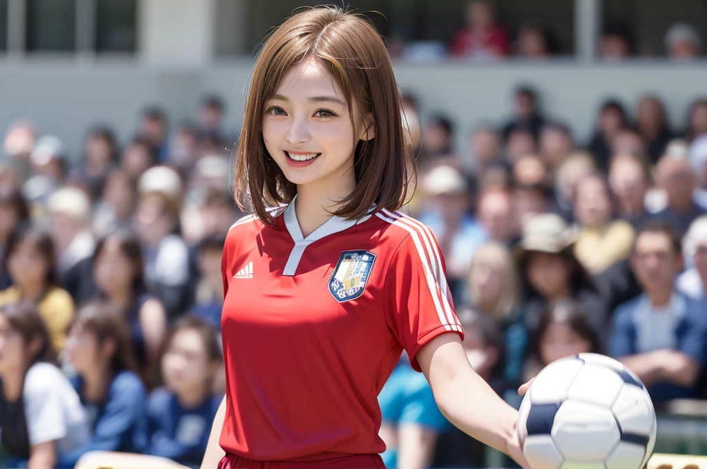 (Highest quality、8k、32K、masterpiece)、(Realistic)、(Realistic:1.2)、(High resolution)、Very detailed、Very beautiful face and eyes、1 girl、Round and small face、Tight waist、Delicate body、(close、Highest quality、Attention to detail、Rich skin detail)、(Highest quality、8k、Oil paints:1.2)、(Realistic、Realistic:1.37)、Bright colors、(((blonde)))、(((Cowboy Shot)))、(((Medium Hair)))、(((Laughter)))、(((blonde)))、(((Soccer uniforms)))、(((黒とピンクのSoccer uniforms)))、(((Football Stadium)))、(((Enthusiastic audience)))、(((Uniform without lines)))