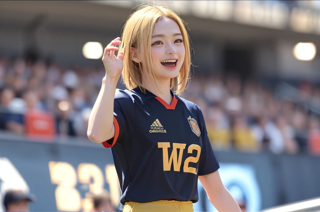 (Highest quality、8k、32K、masterpiece)、(Realistic)、(Realistic:1.2)、(High resolution)、Very detailed、Very beautiful face and eyes、1 girl、Round and small face、Tight waist、Delicate body、(close、Highest quality、Attention to detail、Rich skin detail)、(Highest quality、8k、Oil paints:1.2)、(Realistic、Realistic:1.37)、Bright colors、(((blonde)))、(((Cowboy Shot)))、(((Medium Hair)))、(((Laughter)))、(((blonde)))、(((Soccer uniforms)))、(((黒とピンクのSoccer uniforms)))、(((Football Stadium)))、(((Enthusiastic audience)))、(((Uniform without lines)))