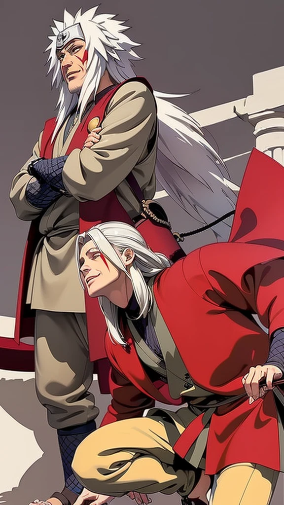 (（（Perfect body,White and tender skin,（（（Wearing a red coat with brown clothes inside, wooden clogs on feet, ninja protective gear on both hands, and a large scroll hanging behind them）））,（（（Jiraiya，Wearing forehead protectors, long white hair, and red marks under the eyes,）））,((masterpiece)),high resolution, ((Best quality at best)),masterpiece,quality,Best quality,（（（ Exquisite facial features,Looking at the audience,There is light in the eyes,Smile）））,）））,（（（Light and shadow,）））,（（（Looking at the camera,black background,)））),