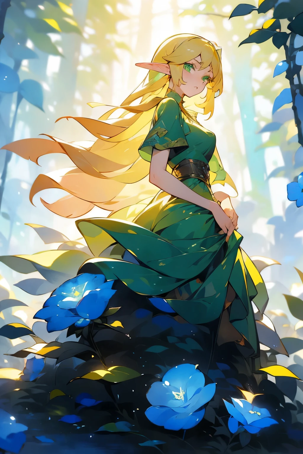 A woman, Elf, with long YELLOW/BLONDIE hair, green eyes, wearing green elegant dress, there is blue flower in her head, with serious on her face, posing looking at camera with her body turned around, elegant, beautiful, background is a mysterious forest but very beautiful place, HD picture, good AI art, NO BLUR PICTURE. 