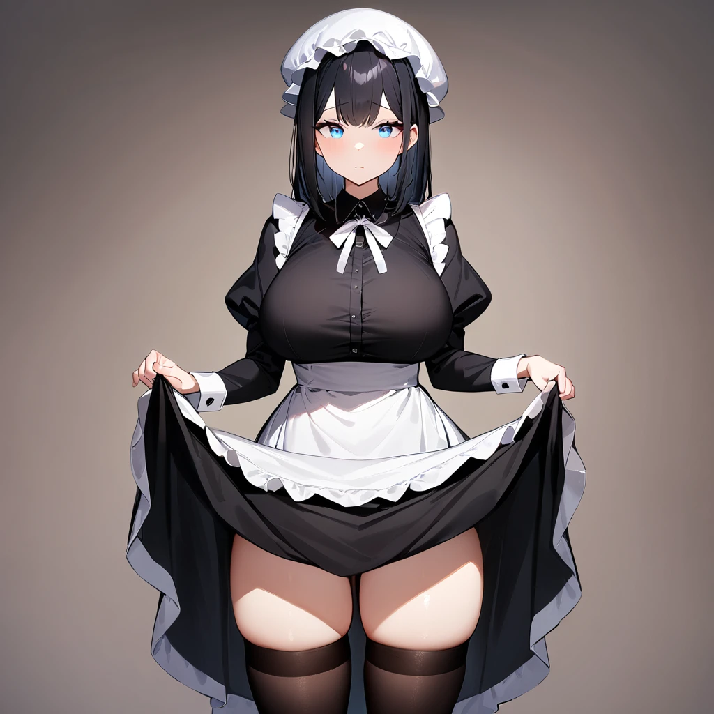 1girl,black hair,light blue eyes,blackdress,big breast,maidapron,(White mob cap),puffy_sleeves,maid_apron, belt,thighhighs,masterpiece, best quality, very aesthetic, absurdres,(dress lift:1.5),(straight-on)