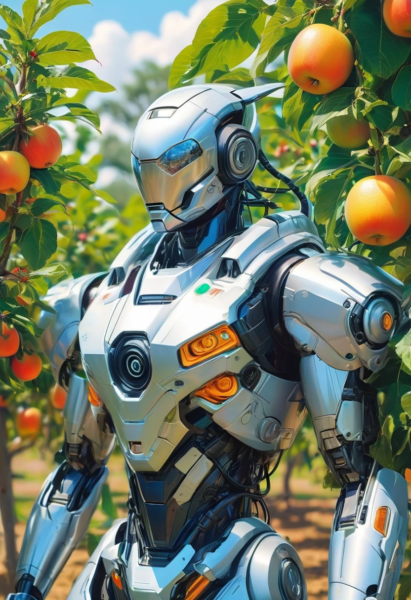 A colored pencil sketch of a futuristc farm robot working in a fruit orchard. It is bright sunny romanitic and idealist sketch of furture were the land and tecknology ar in harmony in a archeofuturistic vision.