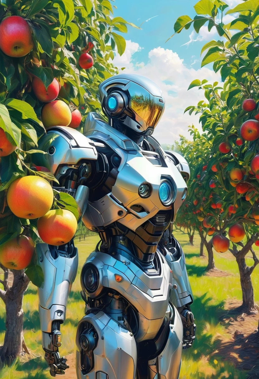 A colored pencil sketch of a futuristc farm robot working in a fruit orchard. It is bright sunny romanitic and idealist sketch of furture were the land and tecknology ar in harmony in a archeofuturistic vision.