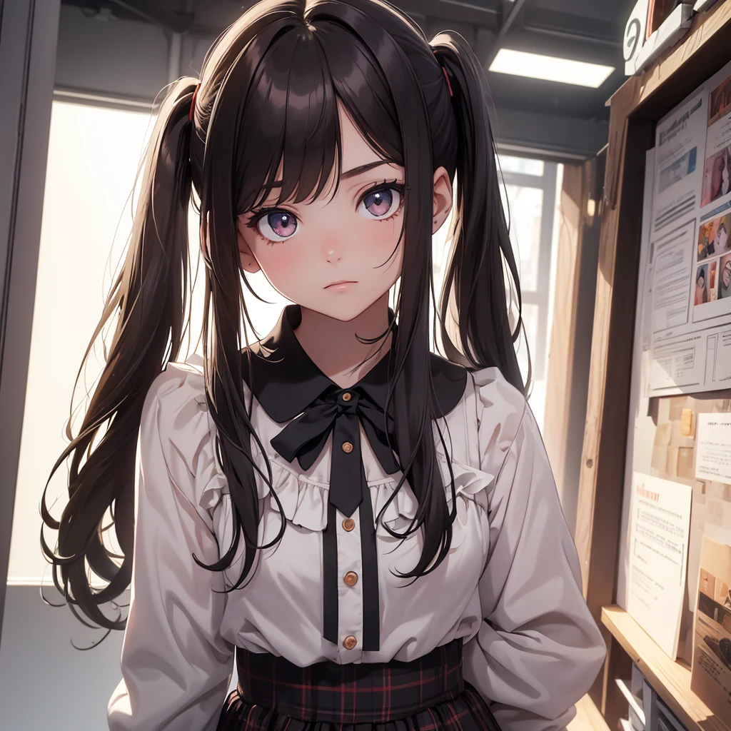 (8K, Best Quality, Masterpiece, Ultra High Resolution) 1Girl, Young, , Highautiful Eyes, Face Details, Dark Hair, Long Hair, Pigtails, Hazel Eyes, Pale Skin, Dainty, Cute, Blouse, Plaid Skirt, Dark Outside, Best Quality, Upper Body, Looking at the Viewer, Facing Viewer, Close Up