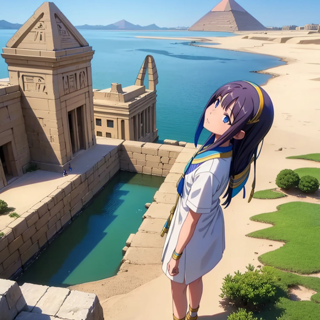 かわいいAncient Egyptの15歳の女の子、Ancient Egypt、View of the Nile、A colorful view of the whole、whole body、Low - Angle、Standing posture、Reeds are growing、Ancient Egyptの船、Ancient Egyptの風景
