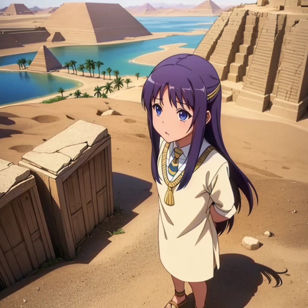 かわいいAncient Egyptの*******、Ancient Egypt、View of the Nile、A colorful view of the whole、whole body、Low - Angle、Standing posture、Reeds are growing、Ancient Egyptの船、Ancient Egyptの風景
