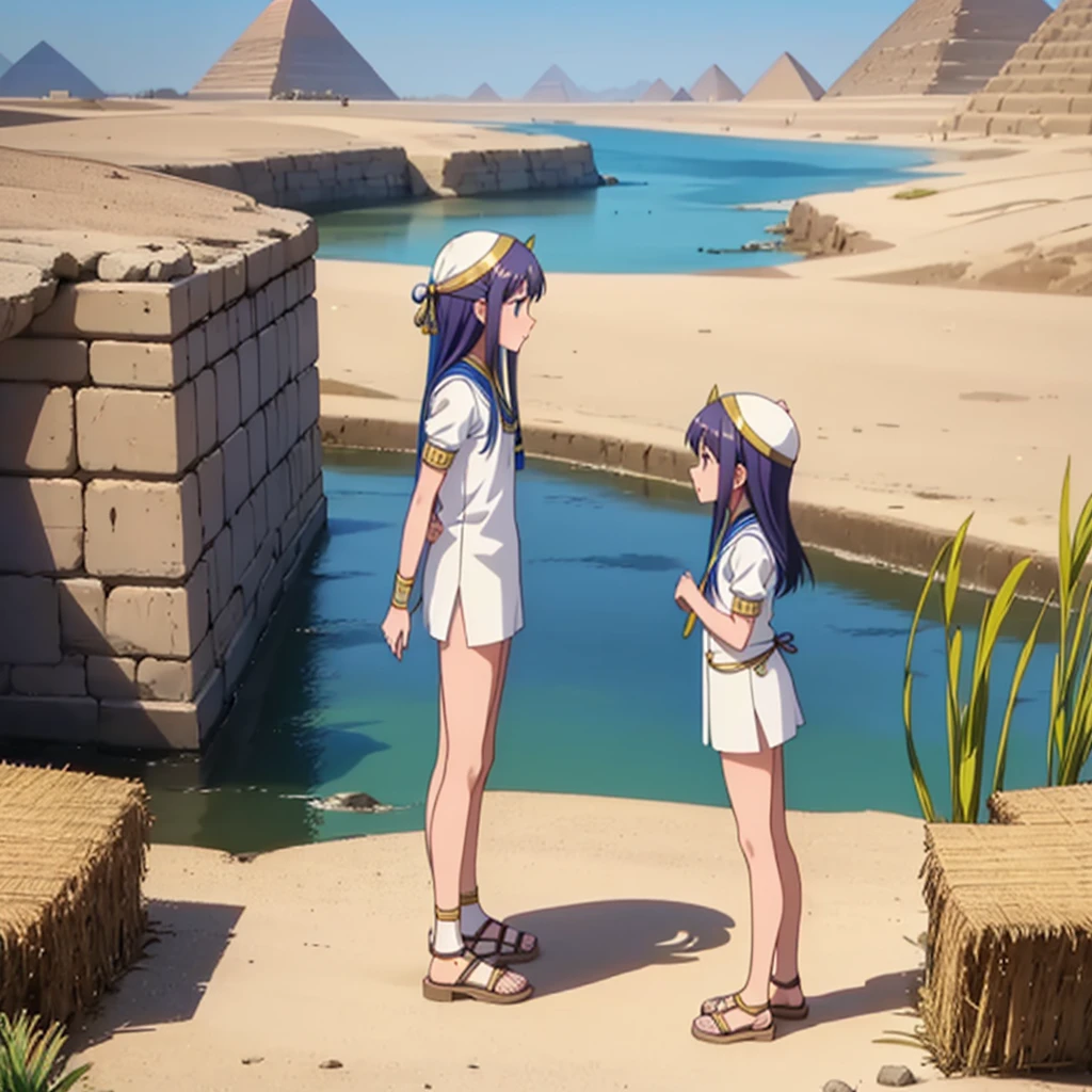 かわいいAncient Egyptの*******、Ancient Egypt、View of the Nile、A colorful view of the whole、whole body、Low - Angle、Standing posture、Reeds are growing、Ancient Egyptの船、Ancient Egyptの風景
