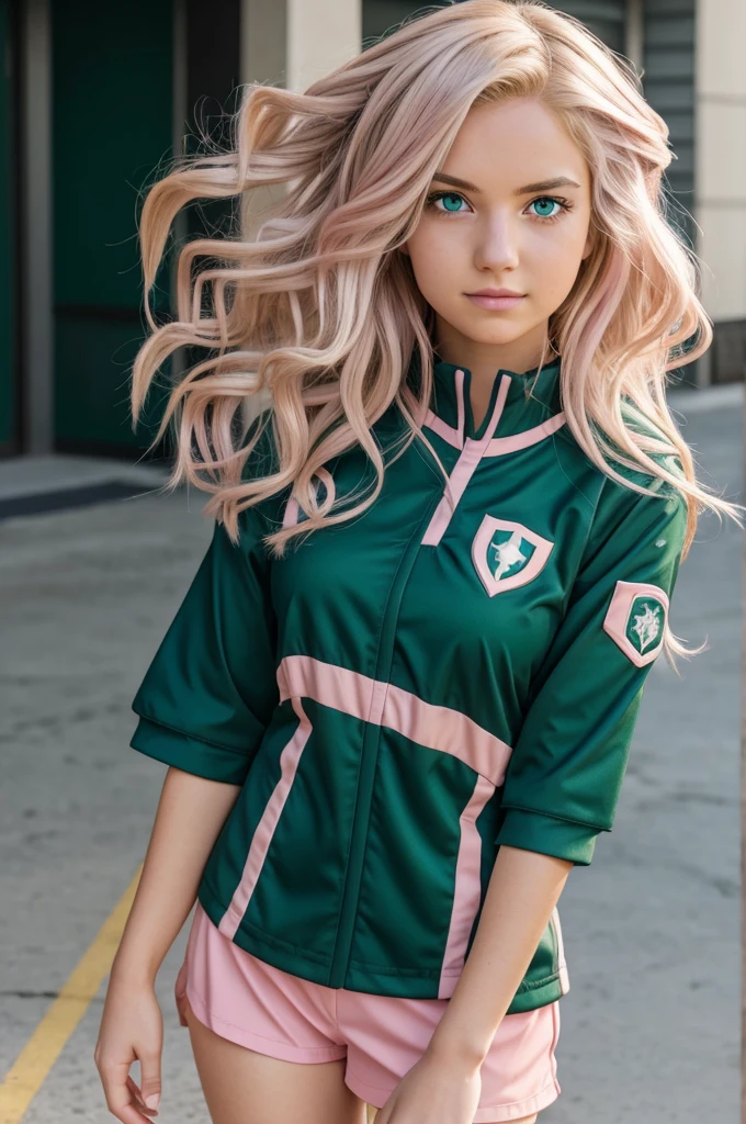 My Hero Academia character with knee-length wavy hair of a dull blonde color with light pink locks, emerald green eyes and the UA uniform. 