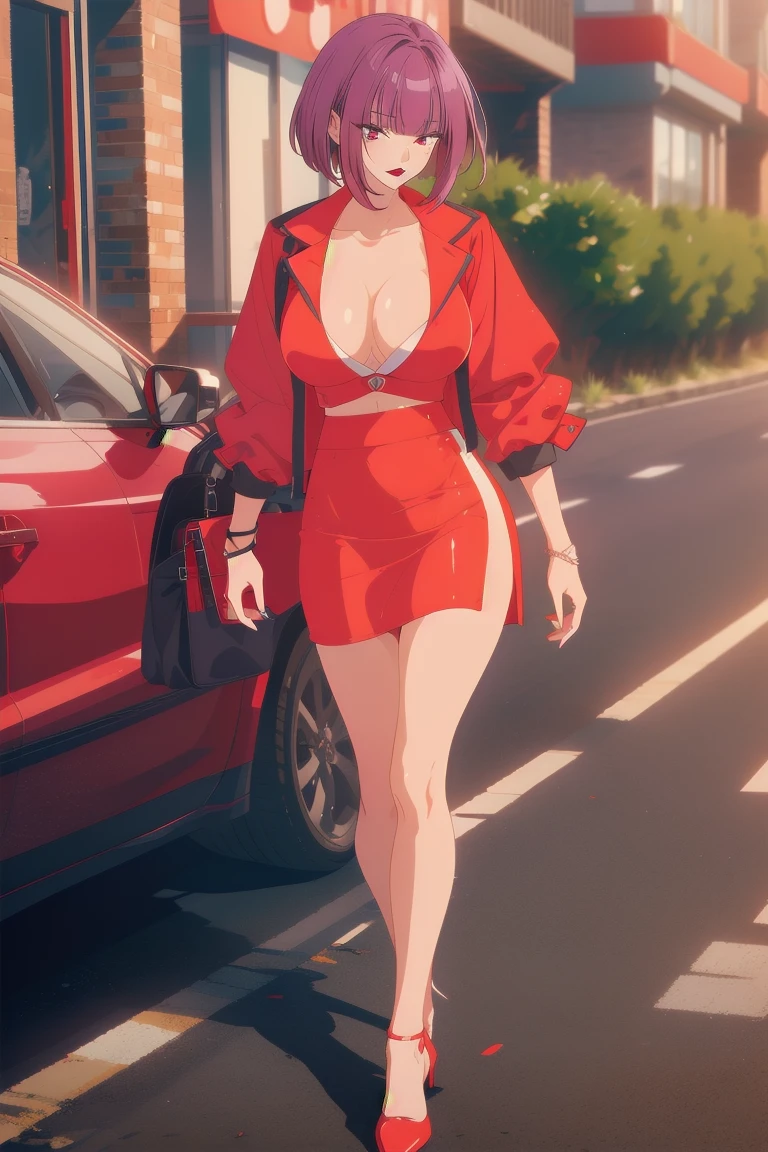 ((Highest quality)), ((masterpiece)), (Familiar), Hazy, Female,Mature Woman,Purple Hair, short hair, Low Ponytail, eye shadow, lipstick, Red eyes,Red Shirt,Red and black jacket,Large Breasts,Cleavage, White tight skirt,Red Heels