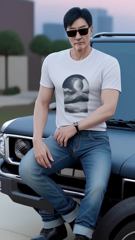 realistic photography of heaven, 3d, detail.    handsome Asian/Korean man, 55 years old, thin build with long, neatly flowing black and white hair, sitting on the hood of a nice red Nissan jeep, wearing a T-shirt, worn jeans, biker boots and sunglasses  , with a hint of moonlight in the background and a confident expression.    124K, HD, very realistic.