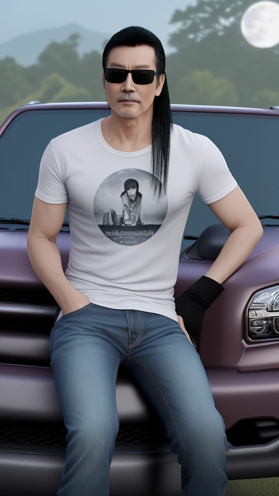 realistic photography of heaven, 3d, detail. handsome Asian/Korean man, 55 years old, thin build with long, neatly flowing black and white hair, sitting on the hood of a nice red Nissan jeep, wearing a T-shirt, worn jeans, biker boots and sunglasses , with a hint of moonlight in the background and a confident expression. 124K, HD, very realistic.