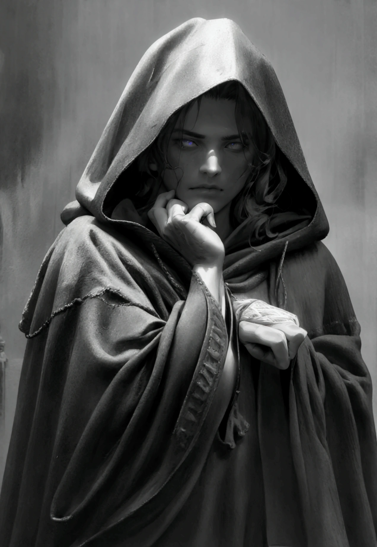 a man in a hooded cloak, detailed facial features, piercing eyes, chiseled jawline, brooding expression, medieval fantasy, cinematic lighting, dramatic atmosphere, (best quality,8k,highres,masterpiece:1.2),ultra-detailed,(realistic,photorealistic,photo-realistic:1.37),dramatic shadows, moody color palette, muted tones, dramatic cinematic composition