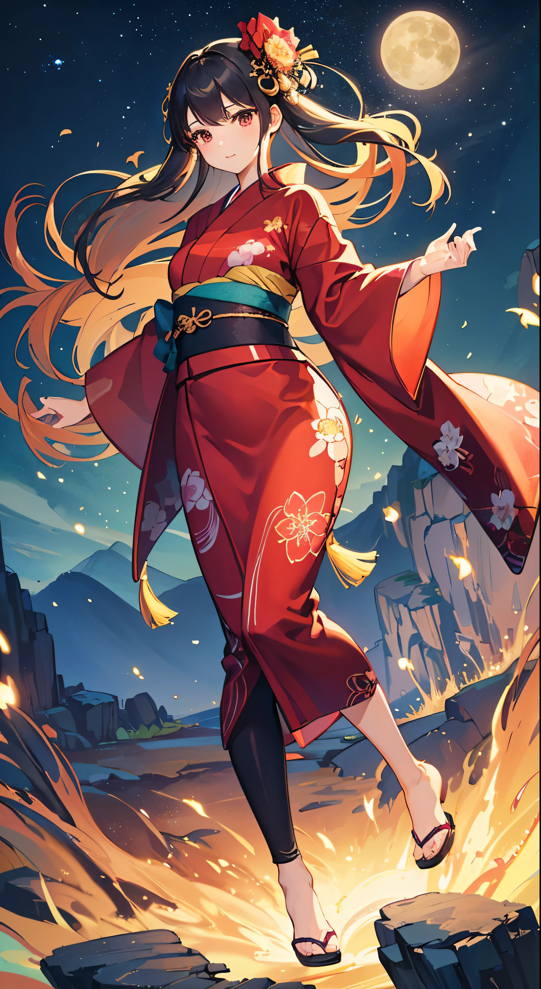 Highest quality、masterpiece、High resolution、1girl、Detailed face、(Full body high quality images:1.6)、In the moonlit forest、Mountains and Rivers、night、Firefly Light、Real、Rich in detail、(Red floral yukata:1.2)、(Beautiful body:1.4)、with high definition images，