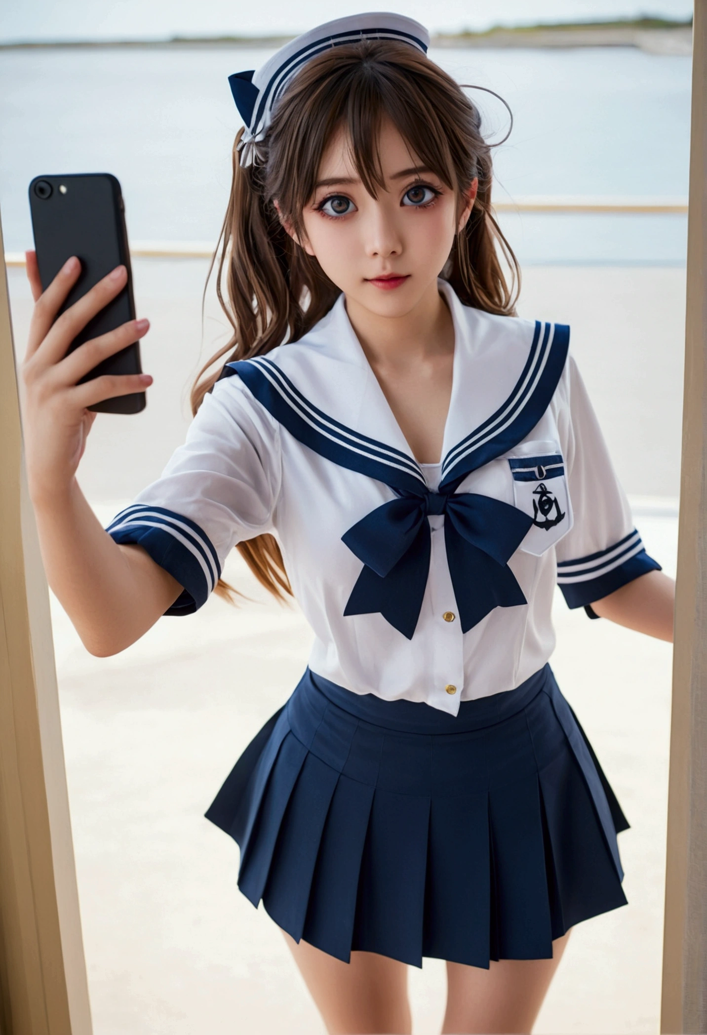 1girl, (solo), (selfie), (17 years old), huge breast:1.4, ((beautiful anime eyes with fine detail)), realistic skin, sailor suit, (Navy blue pleated miniskirt)(((スカートをまくり、薄い色のパンティーが見える)))