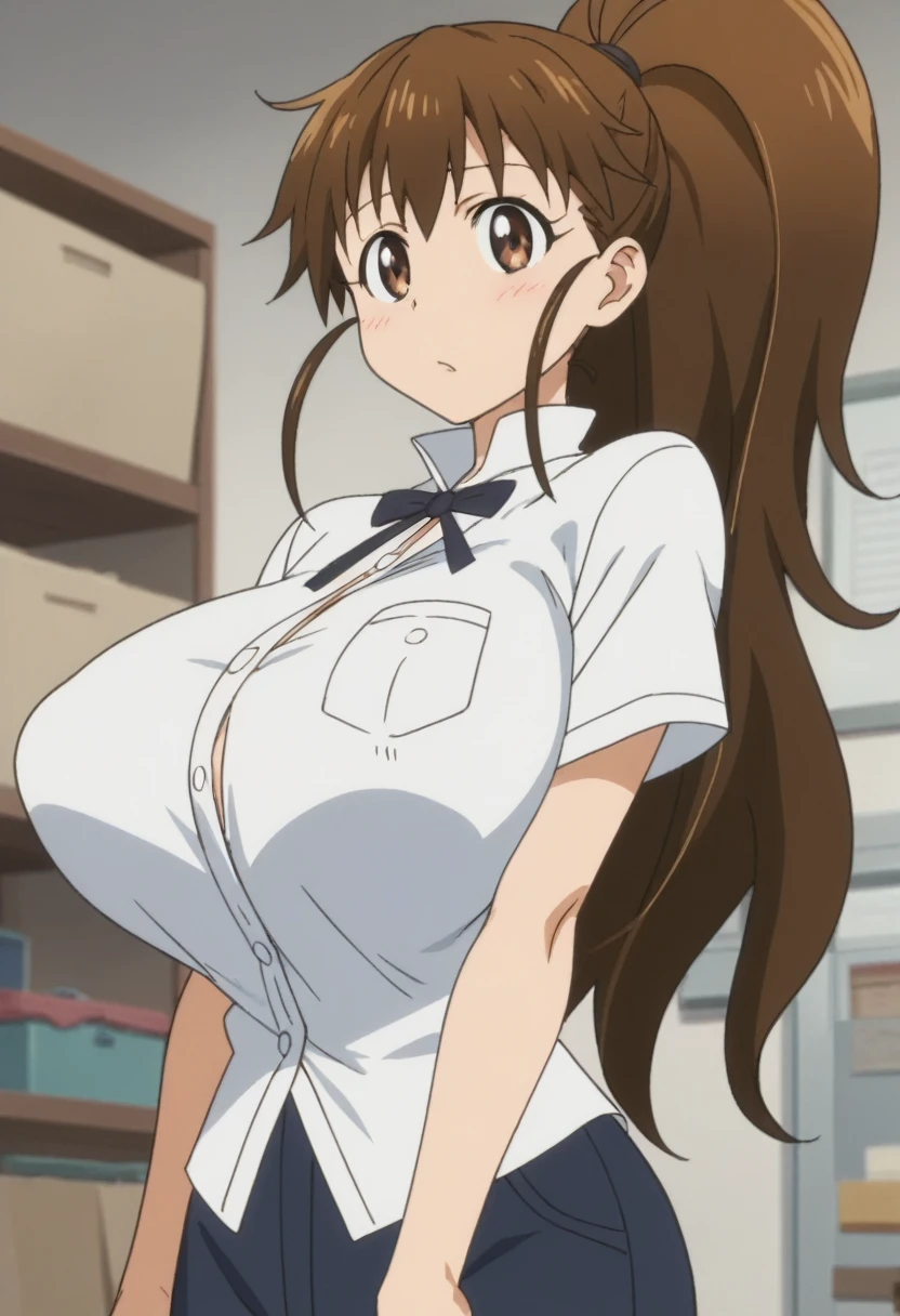 score_9, score_8_up, score_7_up, rating_explicit, anime screencap, cowboy shot, 1girl, solo, working!!, taneshima popura, brown eyes, brown hair, long hair, ponytail, tented shirt, huge breasts, looking at viewer