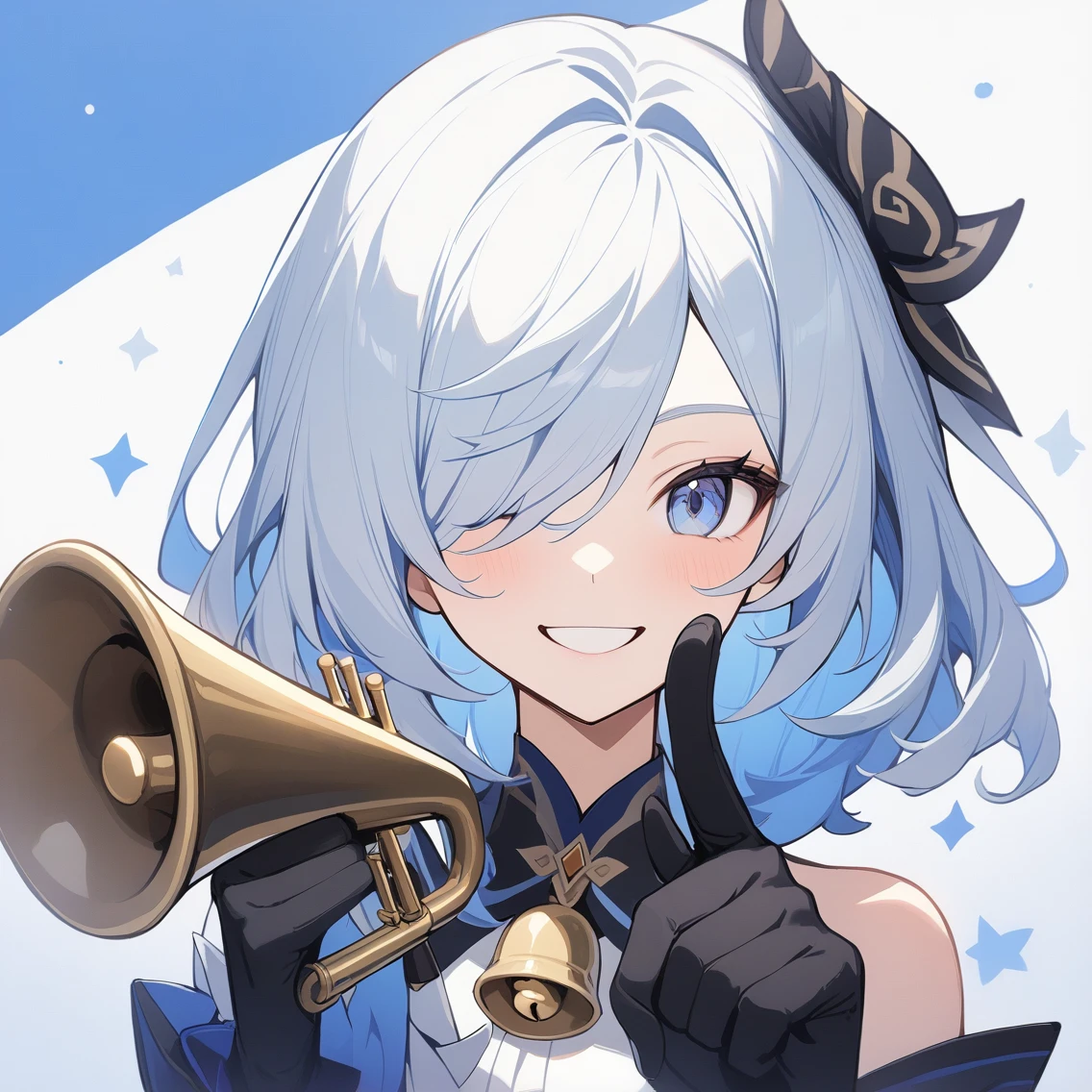 1 Girl,{employment \(Genshin Impact\)},Solitary,Smile, trumpet,{Blue Hair},bell,only_Shoulder,Black_Gloves,point to at viewer, Close one eye, Looking at the audience, Solitary, White hair, Shut up, Bangs, background, point to, Finger guns,portrait,thumbs up,Medium quality,masterpiece,