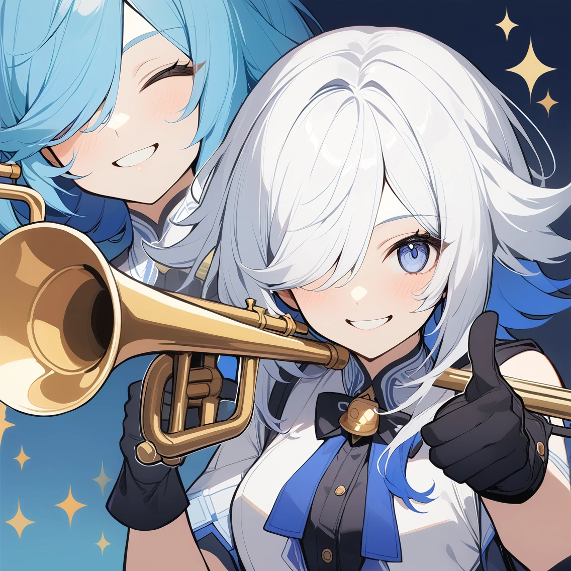 1 Girl,{employment \(Genshin Impact\)},Solitary,Smile, trumpet,{Blue Hair},bell,only_Shoulder,Black_Gloves,point to at viewer, Close one eye, Looking at the audience, Solitary, White hair, Shut up, Bangs, background, point to, Finger guns,portrait,thumbs up,Medium quality,masterpiece,