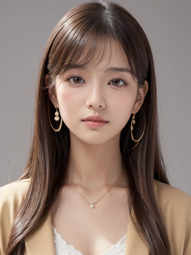 ((Highest quality, 8k, masterpiece:1.3)), concentrate: 1.2, Perfect body beauty: 1.4, Hips: 1.2, ((Long Hair, chest: 1.2)), (Dry clothes: 1.1) , (clear, Simple Background:1.3), Simple clothes: 1.1, Highly detailed face and skin texture,Delicate eyes, double eyelid, Whitened skin, Rough skin、Long Hair、Earrings with bangs、necklace、 solo、Beige coat、White shirt, (((Beautiful girl with cute Japan)))、 ((Beautiful Japanese girl 20 years old))、 ((Baby Face))、 (((Slender body)))、 Upper Body,Face focus、necklace,Simple Background,From above, Realistic Hair、 A photograph was taken:Canon EOS R6、135mm、1/1250 seconds、f2.8、ISO400、(Detailed explanation of the hand)、(Masseter muscle area)、(Exquisite CG)、Long Hair, loose and curly hair、Korean Hair、Long Hair明るいベージュ色、グラデーションハイライトグレージュのゆるふわLong Hairスタイル、