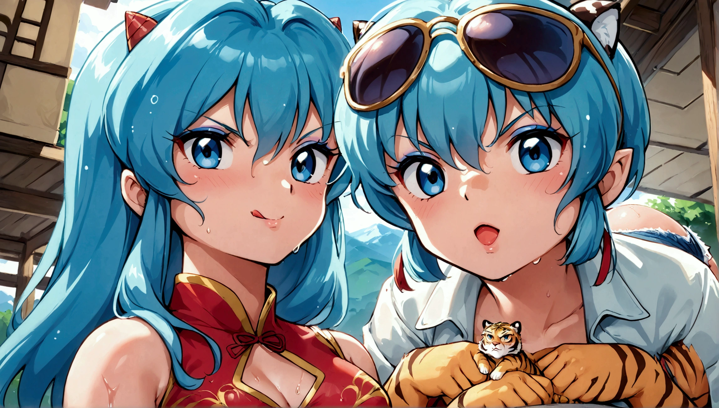 score_9, score_8_up, score_7_up, 1980's style, JK, retro, source anime, flat color, illustration. lum, (), girl's 6 year old, Russian young girl, baby face, , blue hair, blue eyes, (tiny horns), pointy ears, aqua hair, eyeshadow, 1girl, solo, cute, aviator sunglasses, aviator glasses, big perky breasts, (dramatic lighting), cute girl, sweaty, blush, blushing, makeup, teasing smile, halfopen mouth, licks lips, horny, drunk, angry. Clothes: chinese_clothes, (red tangzhuang), tight tiger-stripped jean shorts with frayed edges, cut off tiger-stripped_ jean_shorts, tiny jean shorts, ripped jean shorts on ass, torn jean shorts anus, cropped red tangzhuang, (unbuttoned), bottomless, yellow tiger-stripped thigh boots, yellow tiger-stripped knee boots, dressed slutty. Background: street cafe, cafe on roof, sitting next to table, big window, high floor, on_water, (wet:1.3), lake, nature, mountain, outdoors, sunset, angry, looking at viewer, from below. Pose: spread legs, leaning back, dynamic posing, showing ass to viewer, facing away, Expressiveh, from below, from side, elegant, erotic, sensual, mature, (from the side, booty up, ass up, doggy style).