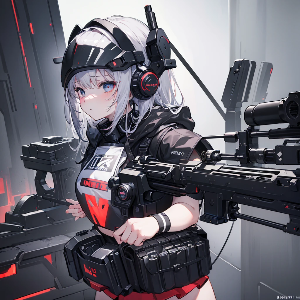 (((masterpiece))), ((4K)), beat, wearing black beat gear, heavy equipment, beat written on breastplate, wearing black beat helmet, A girl, Holding an AR-15 gun, View by scope, Rouge pupil, Silver Hair, Expression of mercy