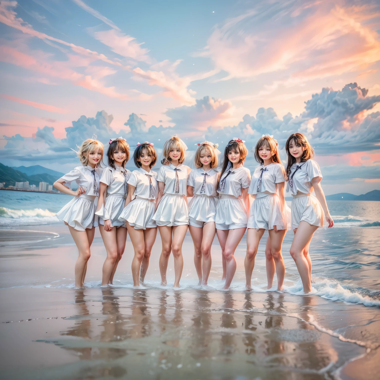 Masterpiece of (ProfessionalPhoto:1.37) ((ExtremelyDetailed (12 PICHIPICHI KAWAII Girls Floating in The Air in a row:1.37) in WHITE at Dusk Enoshima Beach)), {(Standing Full Body:1.2)|(from below:1.2)|Detailed KAWAII face}, Different types of hair colors, {(skinny(school swimwear))|(SchoolUniform)with Tiny AthleticShorts}, {(Corrected Childish hand)|Hidden hand|Different types of breasts|(Clearly Visible the shape of Butt)}, Joyful Expressions LifeLike Rendering, Detailed clothing texture, PerfectLighting, (Dazzling Horizon Visible through ThighGap), (Starry IridescentParticles:1.22) ColorfulClouds . Whole Body proportions and all limbs are anatomically accurate