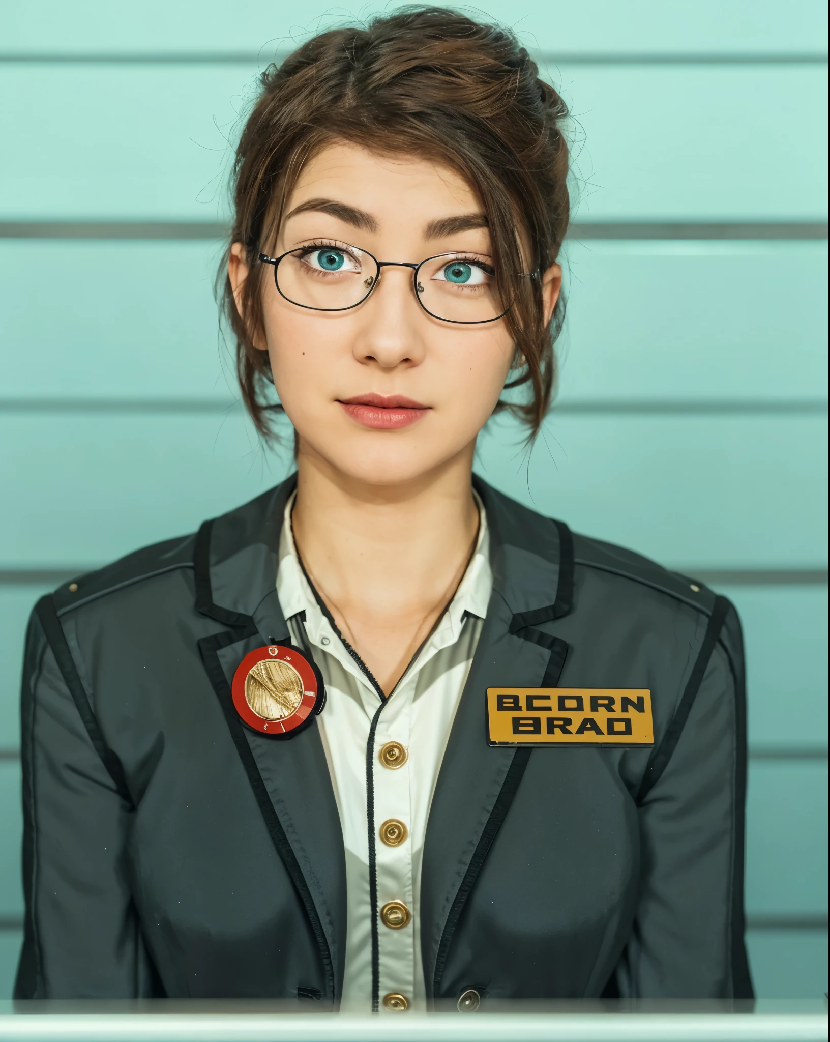 cartoon woman in a suit and glasses behind a desk with a sign, female lead character, female investigator, librarian, inspired by Janet Archer, amanda clarke, sil from species, pam from the office, female spy, by Melissa A. Benson, (highly detailed face:1.4) (smile:0.7) (background inside dark, moody, private study:1.3) POV, by lee jeffries, nikon d850, film stock photograph ,4 kodak portra 400 ,camera f1.6 lens ,rich colors ,hyper realistic ,lifelike texture, dramatic lighting , cinestill 800