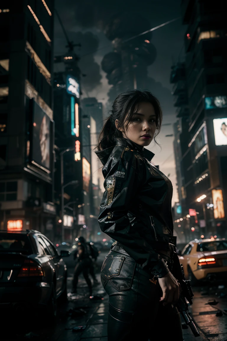 (Highest quality, Ultra HD, 16k, Masterpiece) A powerful girl walks confidently in front of her rugged, futuristic car amidst a chaotic and war-torn metropolis. The shot is a medium to long view, capturing her determined presence and the complete surroundings around her. She gazes ahead with a fierce, unyielding expression, embodying strength and resolve. She wears a fitted mecha tshirt under a stylish jacket and jeans pants, her attire blending practicality with a touch of modern flair. The jacket is detailed with guns, rifles, and utility pockets, enhancing her battle-ready appearance. Her hair is tousled and windswept, adding to her dynamic presence. The car behind her is a heavily modified, armored vehicle, its exterior scarred from countless battles. It stands as a testament to her resilience and resourcefulness, with various gadgets and weapons mounted on its frame. The car's sleek, complements the overall gritty atmosphere. In the background, the entire skyline of the metropolis is visible, partially obscured by smoke and ash. Skyscrapers tower amidst the chaos, many of them heavily damaged with gaping holes and crumbling facades. Explosions light up the scene, casting an eerie glow over the widespread destruction. Spaceships hover menacingly in the sky, engaged in fierce aerial battles, their sleek designs contrasting with the devastation below. The ground is littered with debris and remnants of destroyed structures, adding to the sense of a world torn apart by conflict. Scraps of metal, shattered glass, and remnants of vehicles are scattered across the landscape, emphasizing the scale of destruction. The lighting is dramatic, with sharp contrasts that highlight the textures of her attire and the metallic surface of her car. The interplay of light and shadow emphasizes the intense expression on her face and the chaos in the background. Hollywood action movie. Action film, ((tshirt)), (((fully covered mecha tshirt))), (((mecha jacket on top))), (((guns)))
