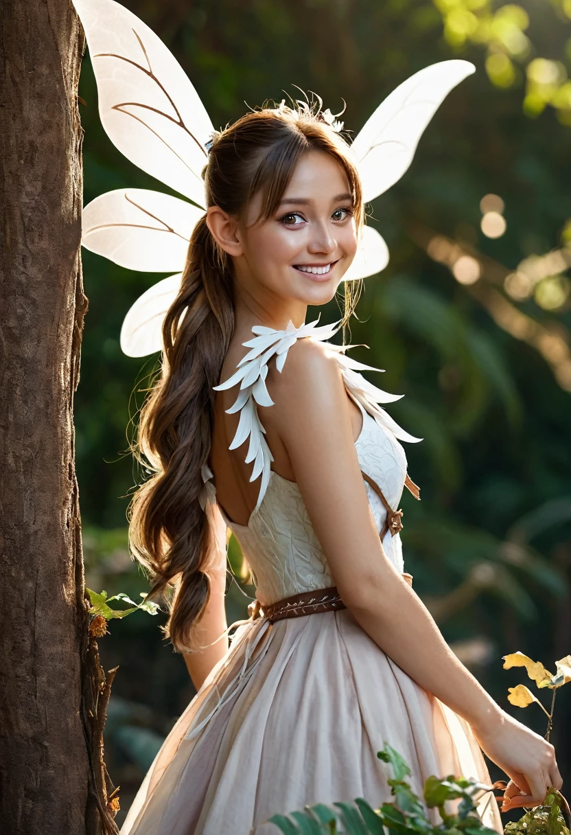 masterpiece, 8k, perfect lighting, , adult, female, cowboy shot, looking at the viewer, cinematic lighting, Adular, single ponytail, extra long ponytail, dress, (Extra long white fairy wings), Long wings, brown clothes, clothes made of leaves, Brown hair, pointy ears, (detailed eyes), shrunken, caught, smiling, blush, fairy dust, jungle, tree house, baby, on two-tier cake, beautifully decorated cake.