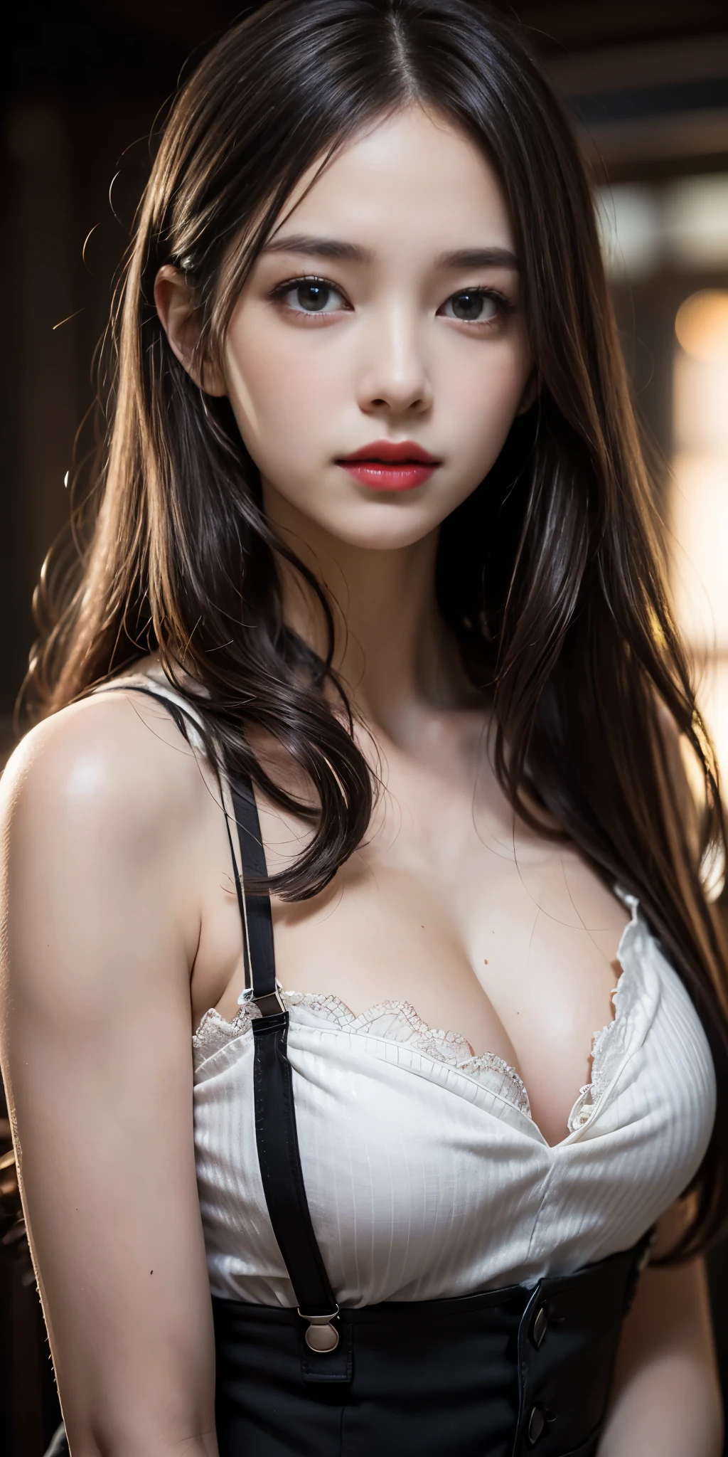 (Best quality,8k,high resolution,masterpiece:1.2),Digital Artwork, A girl，Delicate face，Delicate eyes，Dark brown hair，Straight Hair，Shining amber eyes，Red lips，Suspenders ，particle，dust，Slightly blush，shy，in love，looking at affectionately，(HD skin)，Cleavage，Shallow depth of field，Warm colors，Two-color light