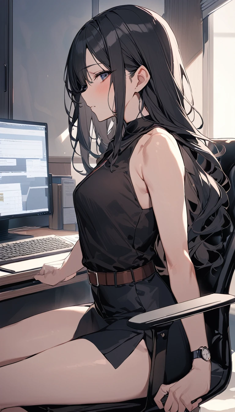 ((Highest quality)), ((masterpiece)), (detailed)　Cowboy Shot,looking at the camera,　黒髪Long Hair　｛{{Small breasts}}｝｛{{slitの入ったロングスカート}}｝　Contemporary mature adult woman sitting in chair　officeカジュアル｛{{スレンダーなofficeレディ}｝Exposing shoulders　深いslitの入った膝下スカート　Long Hair　｛{{No sleeve}}｝office　｛{{No sleeveボタンシャツ}}｝　belt　slit　watch　Exposed arms　From Side　looking at the camera