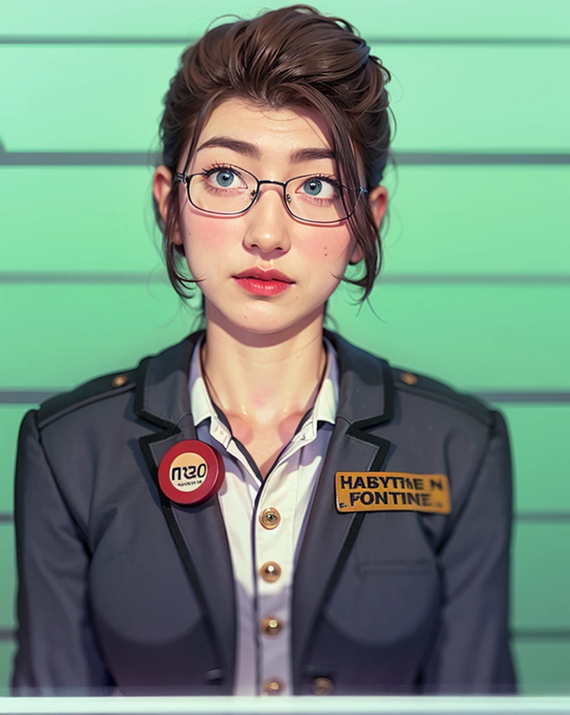 cartoon woman in a suit and glasses behind a desk with a sign, female lead character, female investigator, librarian, inspired by Janet Archer, amanda clarke, sil from species, pam from the office, female spy, by Melissa A. Benson, (highly detailed face:1.4) (smile:0.7) (background inside dark, moody, private study:1.3) POV, by lee jeffries, nikon d850, film stock photograph ,4 kodak portra 400 ,camera f1.6 lens ,rich colors ,hyper realistic ,lifelike texture, dramatic lighting , cinestill 800