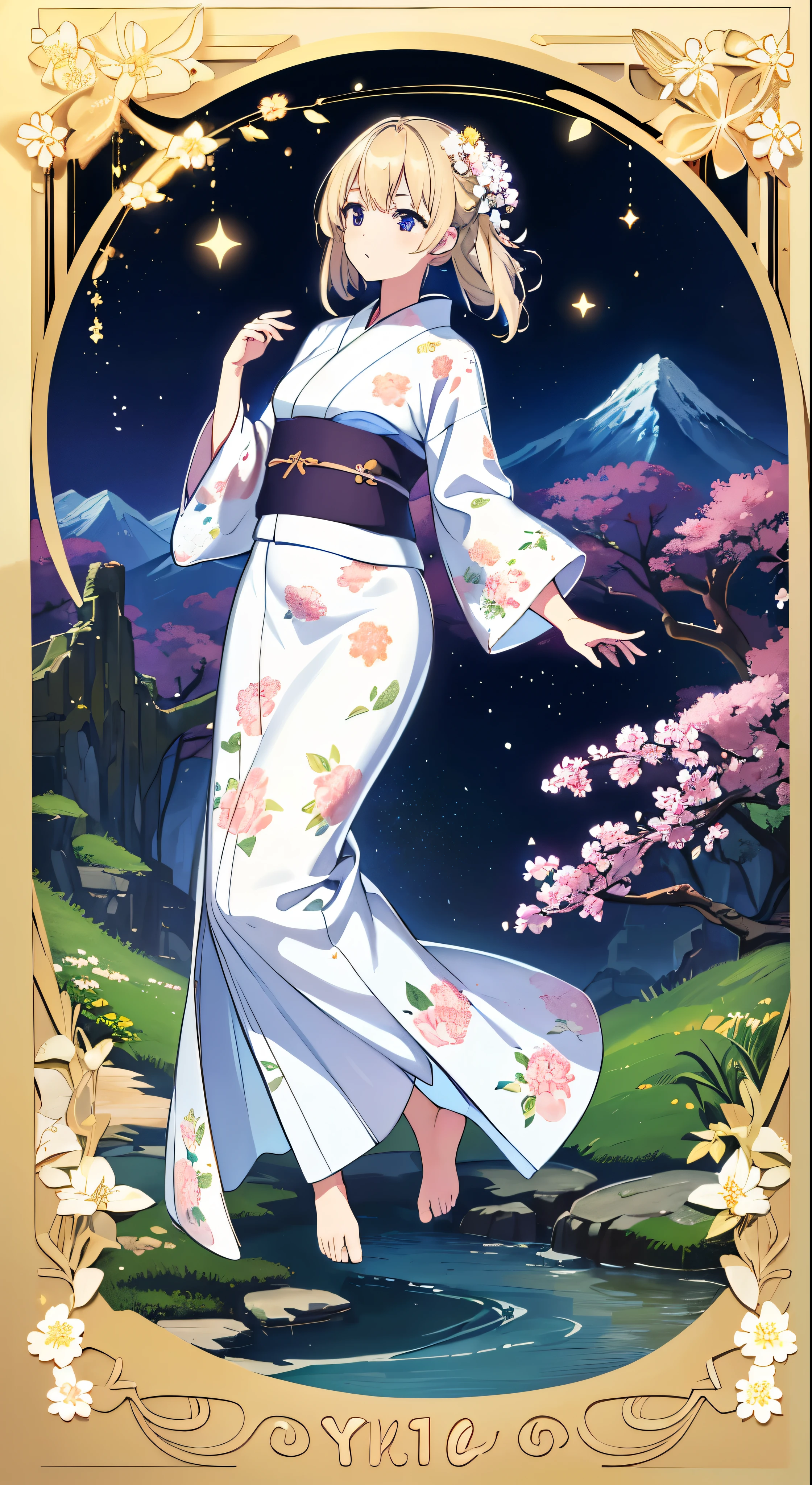 Highest quality、masterpiece、High resolution、1girl、Detailed face、(Full body high quality images:1.6)、In the moonlit forest、Mountains and Rivers、night、Firefly Light、Real、Rich in detail、(Blue floral yukata:1.2)、(Beautiful body:1.4)、with high definition images，