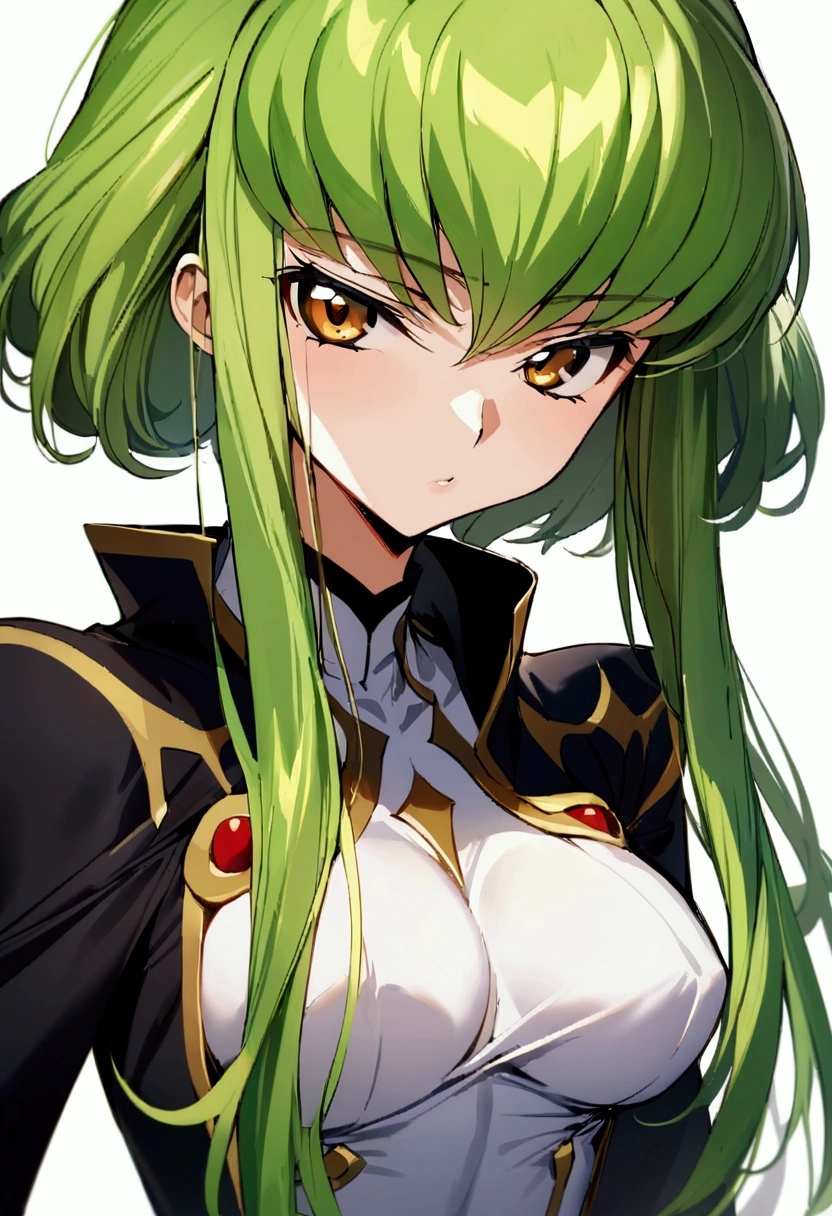 best quality,masterpiece,aesthetic,very aesthetic,1girl, c.c., code geass,simplebackground,whitebackground