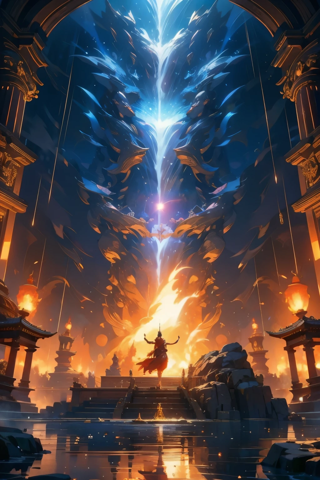 Acala,waterfall,High resolution, High resolution, 8k, Masterpiece 2:1,flame,Sword,Chin-hsien