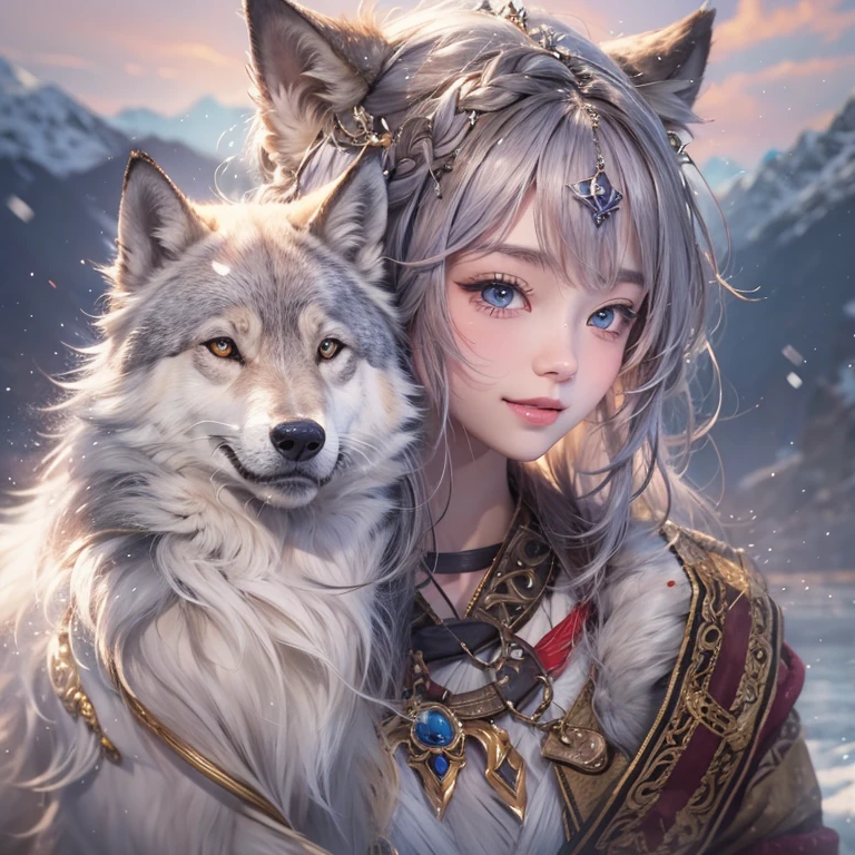 Lakeside surrounded by snowy mountains、Hair Flow、 ((Highest quality、masterpiece、8k、Best image quality、Ultra-high resolution、Award-winning works)、(Accurate anatomy:1.1)、(Look at me and smile:1.1)、Shining fair skin with Ultra-high resolution、The most detailed face、Ultra-high resolution detailed face、Ultra-high resolutionの髪の毛、(Ultra-high resolutionの煌めく瞳:1.1)、Beautiful face drawn in every detail、Ancient Viking clothing, Chest to chest, tattoo, A real wolf is by your side